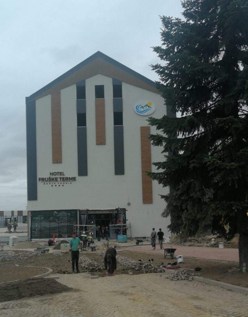 Fruške Terme hotel building in Vrdnik, entrance view during landscaping works